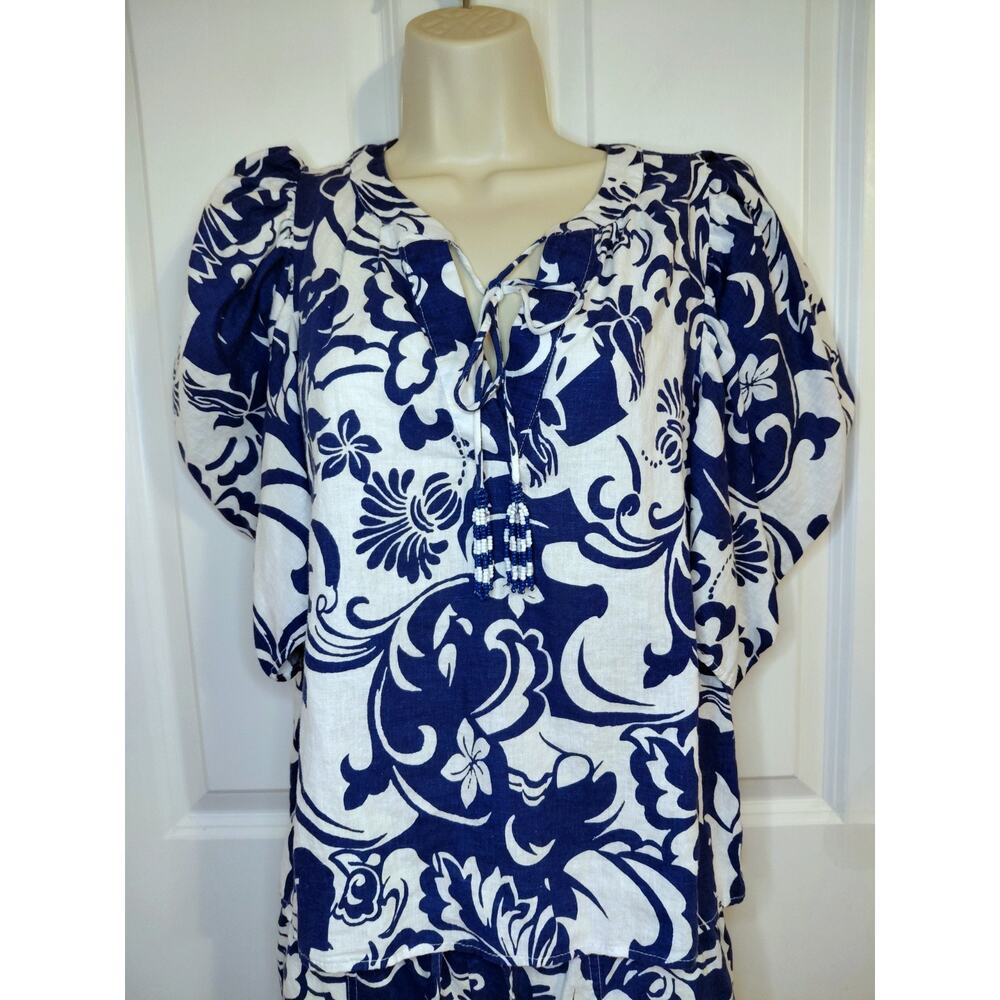 Christian Siriano Blue White Floral Resort Lounge Set Small Beaded Boho Linen - Picture 3 of 16